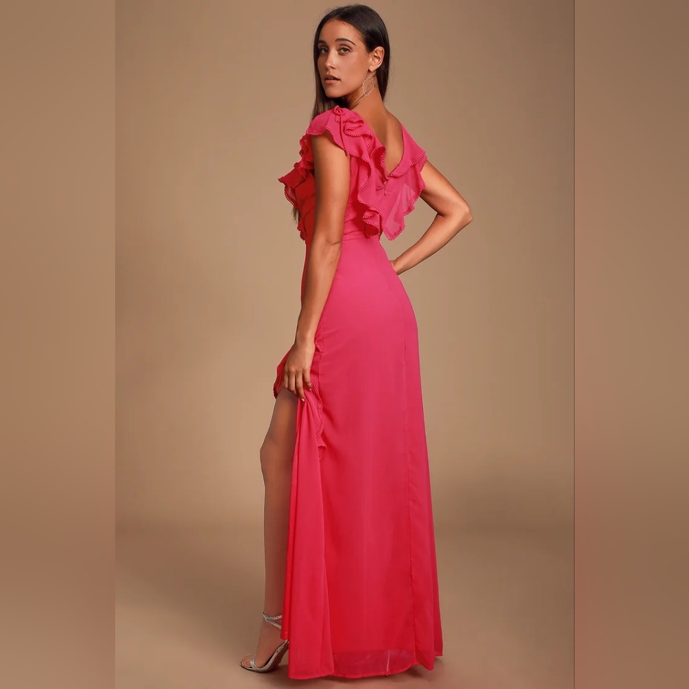 Lulu's Fuchsia Ruffle V-Neck Maxi Dress - Picture 9 of 13
